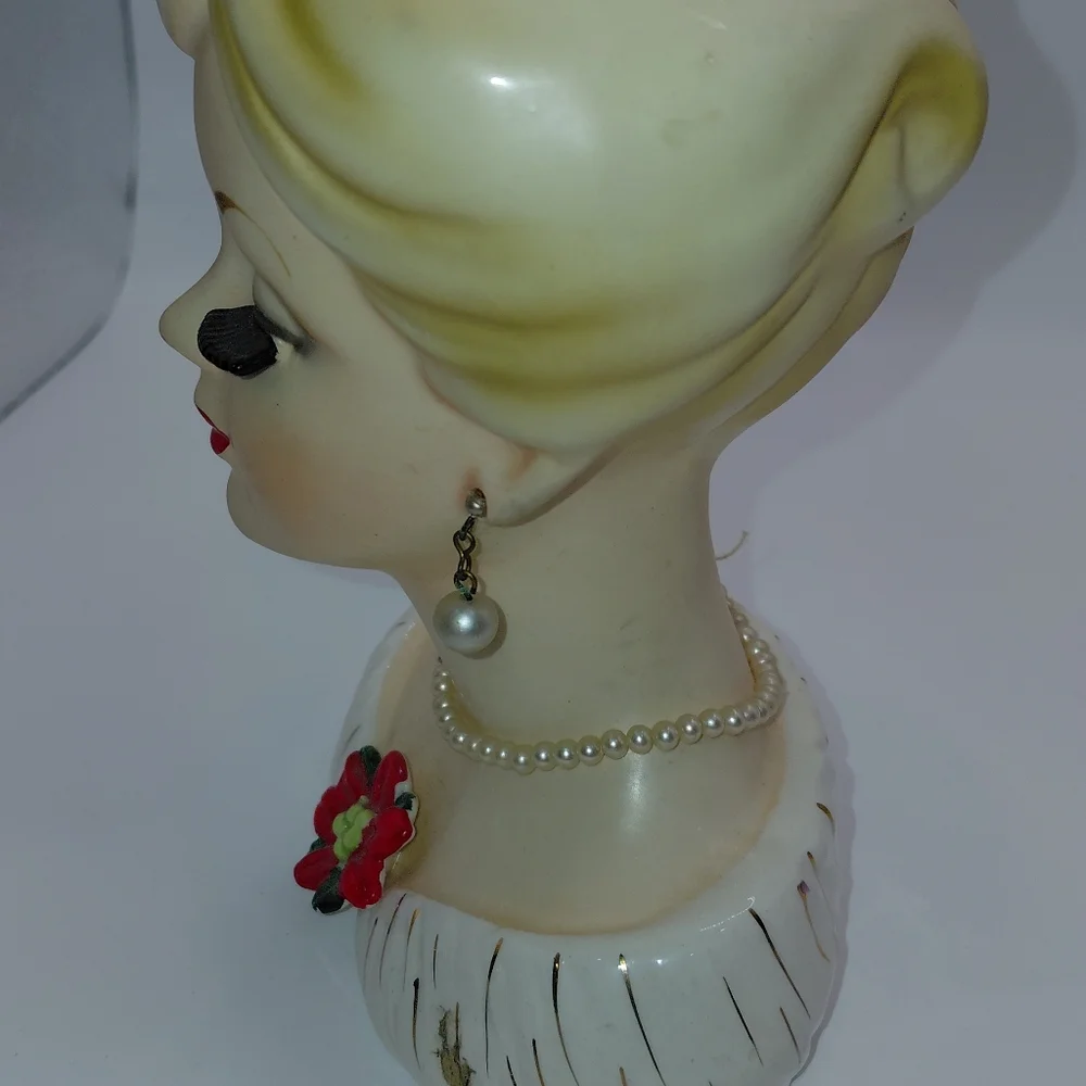Vtg 1961 Inarco Blonde Girl Christmas Head Vase Poinsettia Necklace Earrings